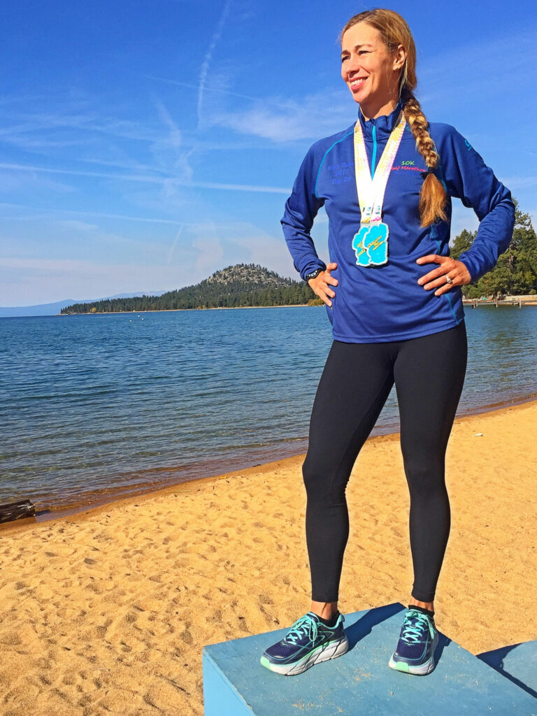 Felton marathoner medals at Tahoe event