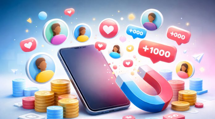 Best TikTok Follower Services: 8 Sites Worth Trying Phone surrounded by profile icons, hearts and notification-style symbols to show TikTok follower growth.