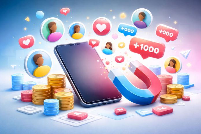 Phone surrounded by profile icons, hearts and notification-style symbols to show TikTok follower growth.