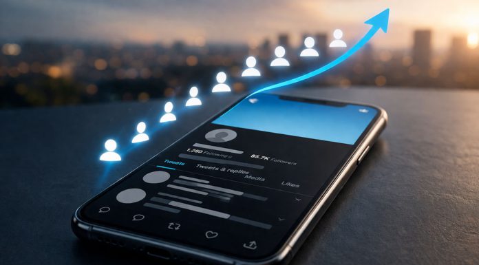 6 Trusted Sites to Buy Twitter Followers Smartphone on a desk showing a social media profile with follower icons above the screen.