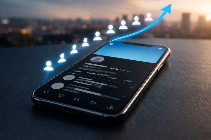 Smartphone on a desk showing a social media profile with follower icons above the screen.