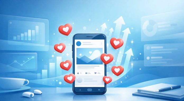 Buy Twitter Likes Safely: Top Sites Compared Landscape illustration of a phone with a social media post on screen, surrounded by like icons and simple growth graphics in a blue background.