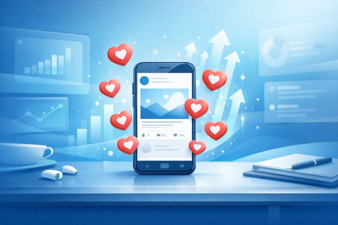 Landscape illustration of a phone with a social media post on screen, surrounded by like icons and simple growth graphics in a blue background.