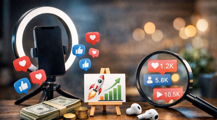 Top Sites to Buy TikTok Likes for Real Growth A landscape image showing a phone in a content creation setup with social media reaction icons and growth-related elements around it.