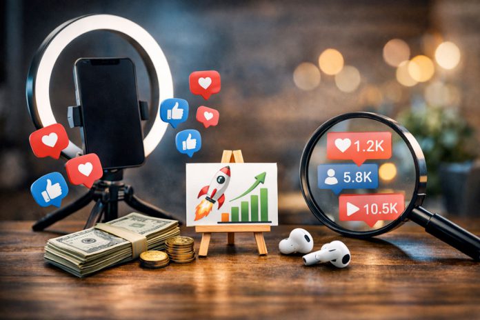 A landscape image showing a phone in a content creation setup with social media reaction icons and growth-related elements around it.