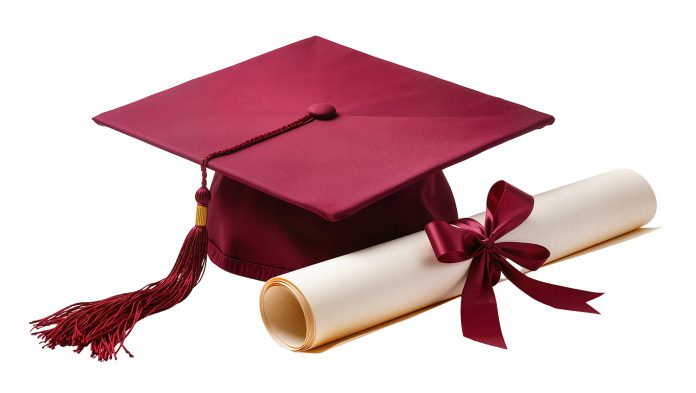 Graduation cap AdobeStock_2061037281 Maroon graduation cap with tassel and rolled diploma tied with ribbon