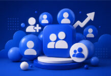 7 Best Sites to Buy Facebook Followers in 2026 Blue 3D scene featuring multiple user-profile icons, a central audience symbol, an add-follower graphic, and an upward arrow indicating social media growth.