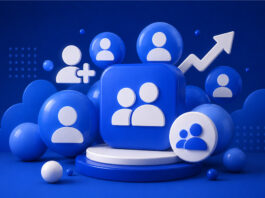 7 Best Sites to Buy Facebook Followers in 2026 Blue 3D scene featuring multiple user-profile icons, a central audience symbol, an add-follower graphic, and an upward arrow indicating social media growth.