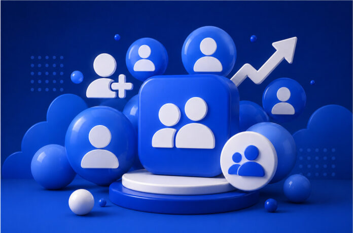 Best Sites to Buy Facebook Followers in 2026 Blue 3D scene featuring multiple user-profile icons, a central audience symbol, an add-follower graphic, and an upward arrow indicating social media growth.