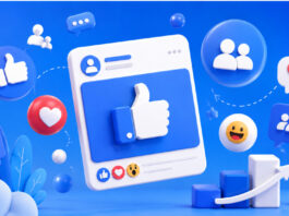6 Best Sites to Buy Facebook Likes in 2026 Bright blue 3D scene featuring a social media post with a large thumbs-up icon, surrounded by hearts, reaction emojis, audience symbols, comment bubbles, and an upward growth chart.