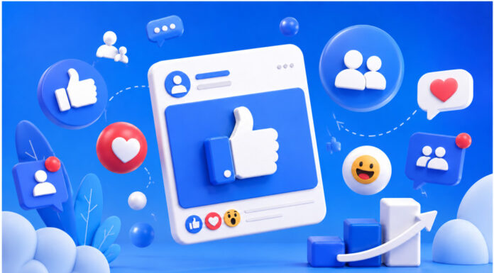 6 Best Sites to Buy Facebook Likes in 2026 Bright blue 3D scene featuring a social media post with a large thumbs-up icon, surrounded by hearts, reaction emojis, audience symbols, comment bubbles, and an upward growth chart.