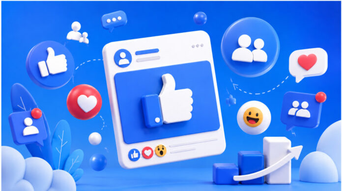 Best Sites to Buy Facebook Likes in 2026 Bright blue 3D scene featuring a social media post with a large thumbs-up icon, surrounded by hearts, reaction emojis, audience symbols, comment bubbles, and an upward growth chart.