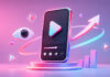 6 Best Sites to Buy TikTok Views in 2026 Neon 3D illustration of a smartphone with a video play button, surrounded by an eye icon, floating play symbols, a rising arrow, and a growth chart in pink, purple, and blue tones.