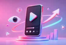 6 Best Sites to Buy TikTok Views in 2026 Neon 3D illustration of a smartphone with a video play button, surrounded by an eye icon, floating play symbols, a rising arrow, and a growth chart in pink, purple, and blue tones.