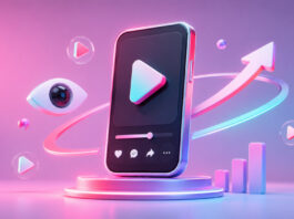 6 Best Sites to Buy TikTok Views in 2026 Neon 3D illustration of a smartphone with a video play button, surrounded by an eye icon, floating play symbols, a rising arrow, and a growth chart in pink, purple, and blue tones.
