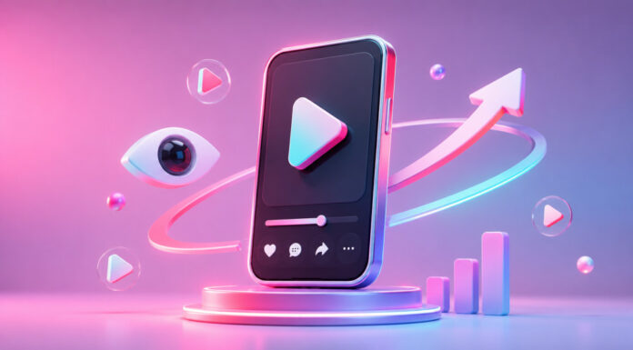 6 Best Sites to Buy TikTok Views in 2026 Neon 3D illustration of a smartphone with a video play button, surrounded by an eye icon, floating play symbols, a rising arrow, and a growth chart in pink, purple, and blue tones.