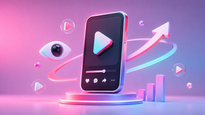 Neon 3D illustration of a smartphone with a video play button, surrounded by an eye icon, floating play symbols, a rising arrow, and a growth chart in pink, purple, and blue tones.